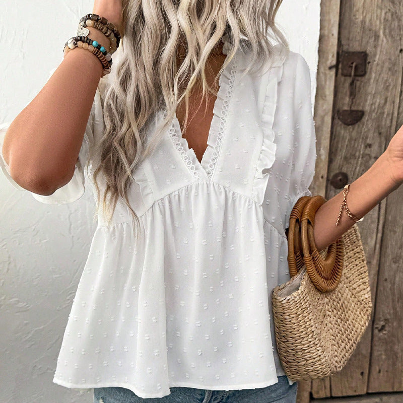 European And American Cut Flower Fur Ball Shirt Short Sleeve Lace