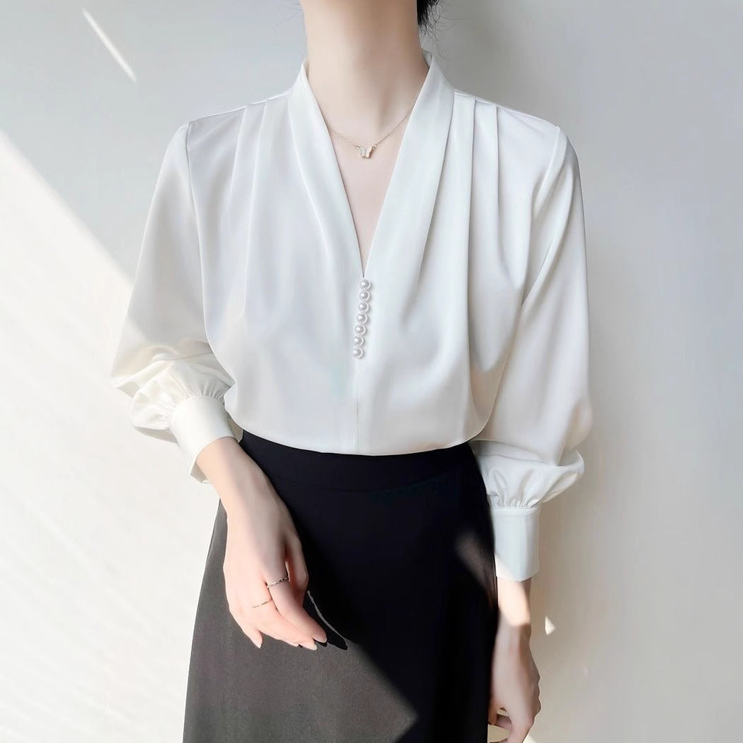 Women's Polyester V-neck Chiffon Long-sleeved Shirt