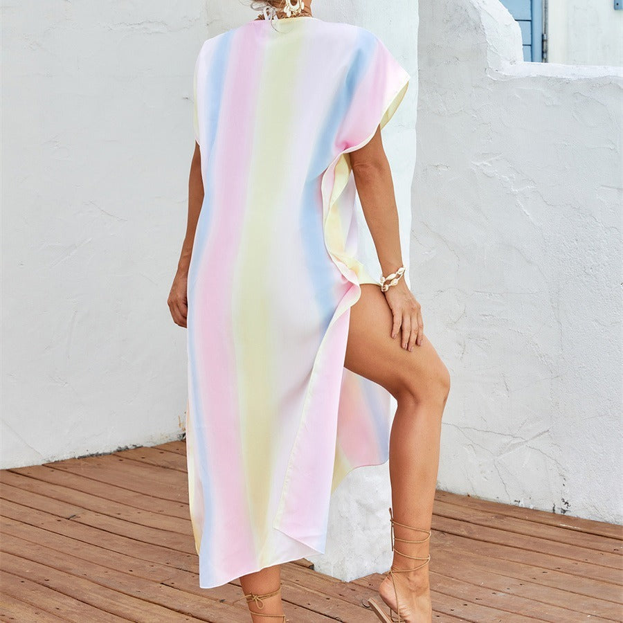 Beach Cover-up Rainbow Color Long Slit V-neck