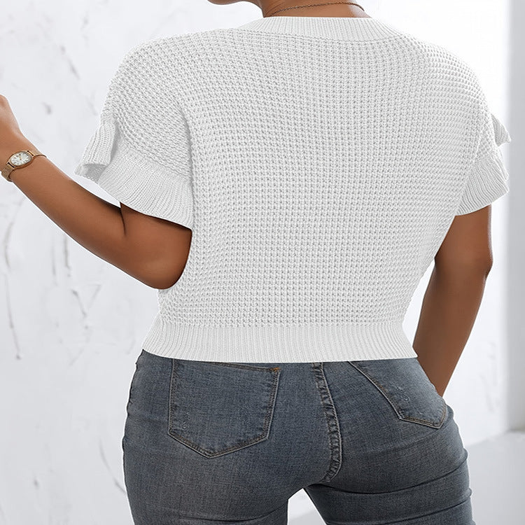Twisted String Ruffled Short Sleeves Round Neck Knitted Pullover Knitted Sweater