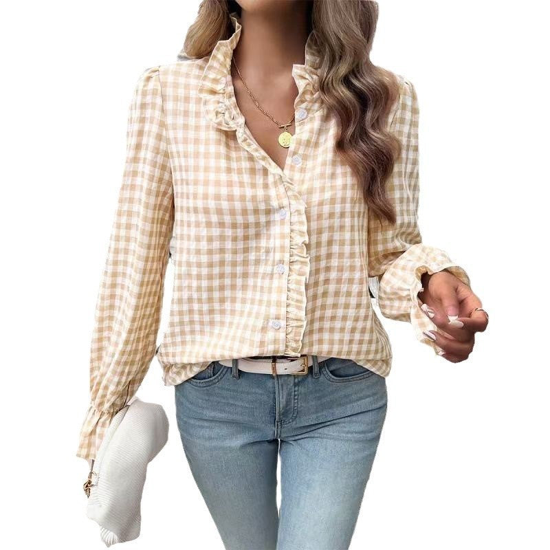 Women's French-style Plaid Shirt With Wooden Ears