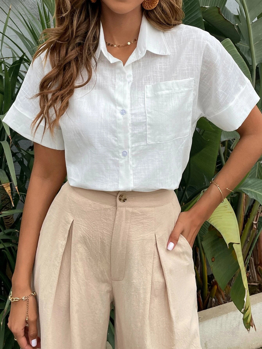 Polo Collar Casual White Women's Cardigan Button Shirt