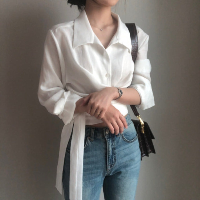 Retro Design Cross Strap Solid Color Lapel Long Sleeve Shirt