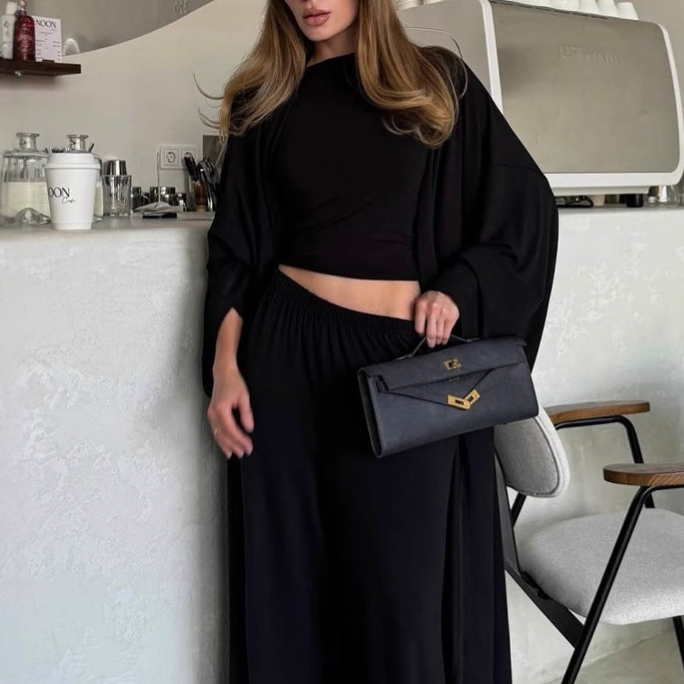 Solid Color Knitted Home Wear Three-piece Women's Clothing