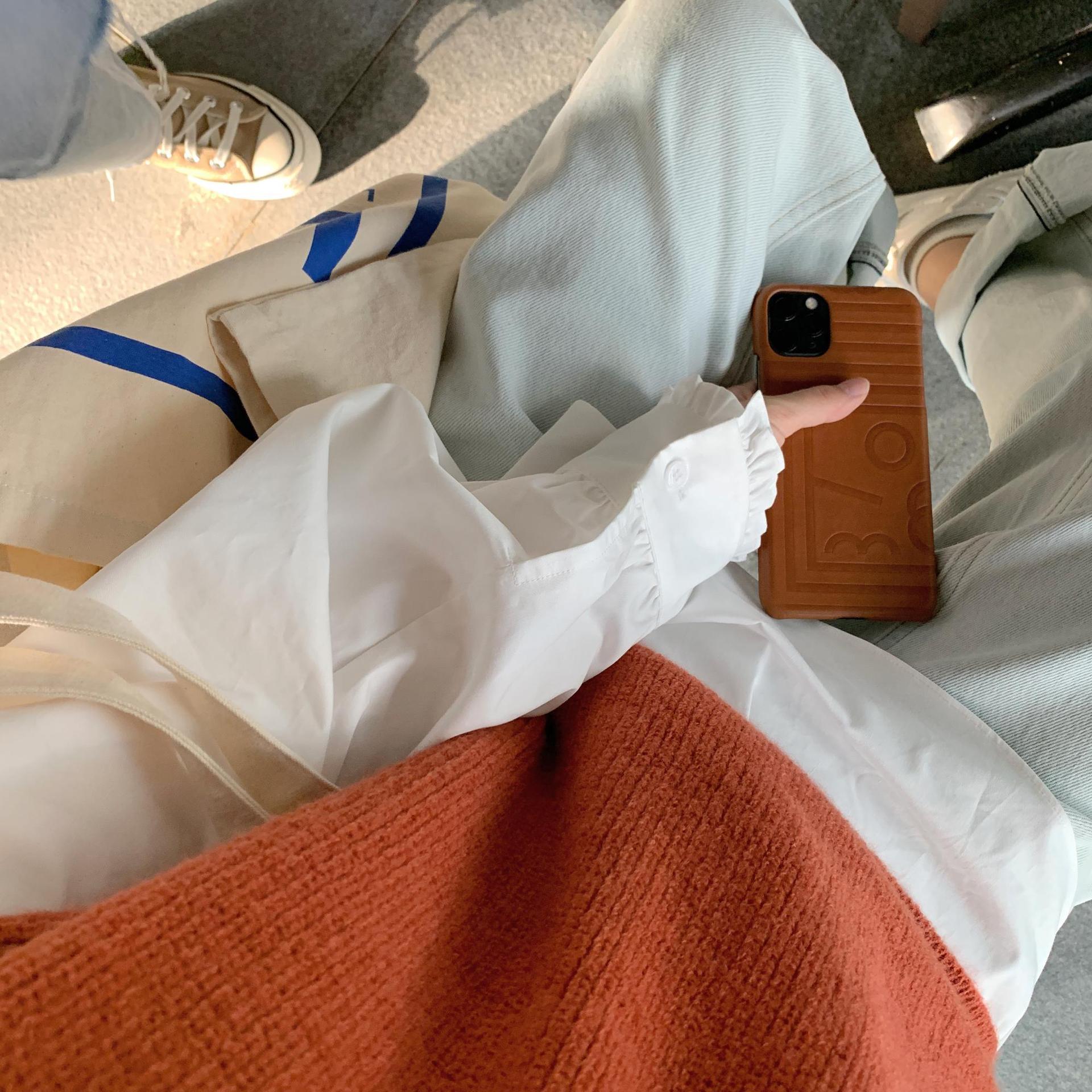 Design Sense Loose Western Style Stand Collar Ruffled Pleated White Shirt For Women