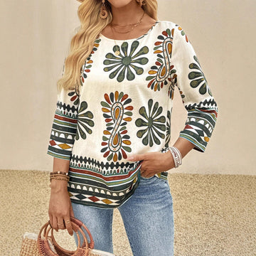 Women's Casual Round Neck Printed Woven Mid-sleeve Top
