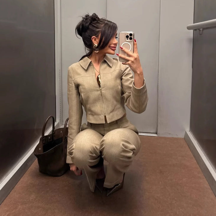 Summer New Casual Herringbone Pattern Long Sleeve Coat Straight-leg Pants Suit