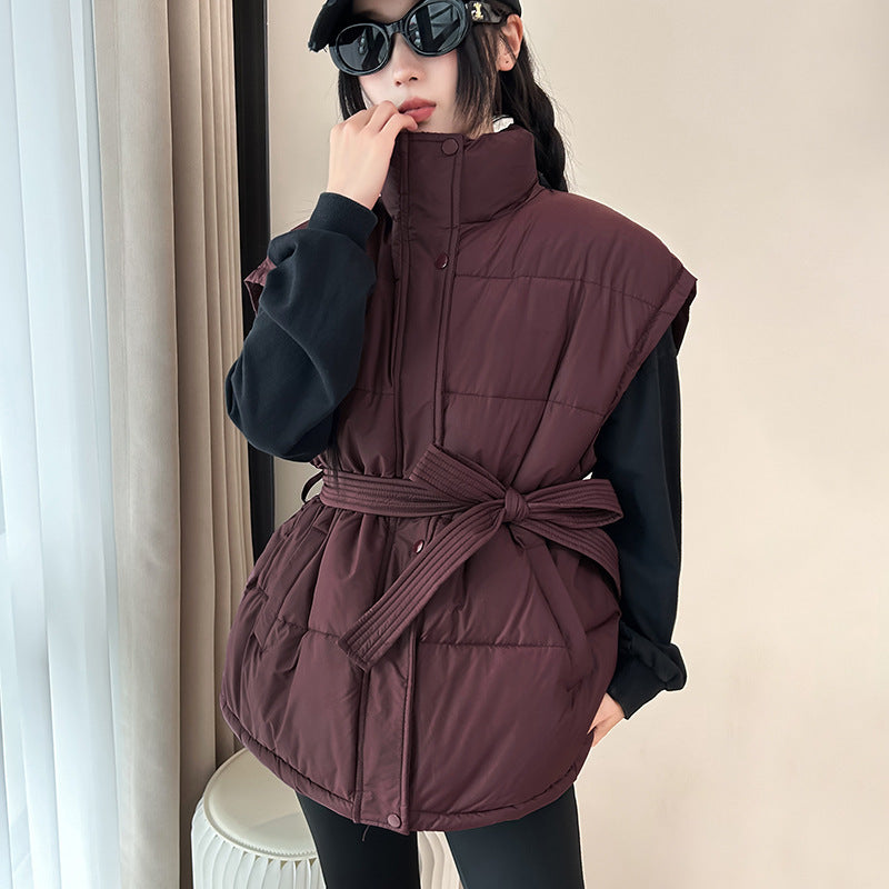 Thickened Cotton Vest For Women, Short Style, Slim Waist, Stand Collar, Lace-up, Warm Coat