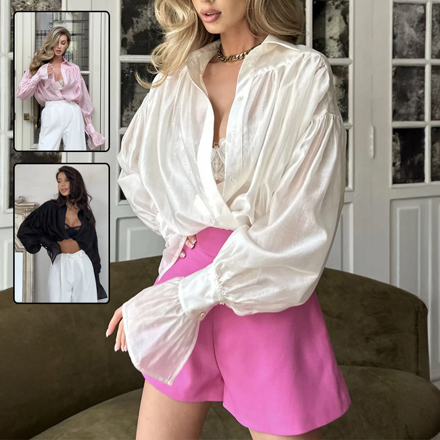 Ins French Lantern Sleeve Shirt Fashion Button Lapel Long Sleeved Tops Casual Women's Clothing