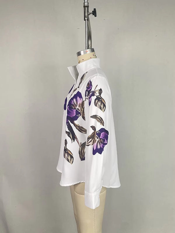 Long Sleeve And Loose Print Top Stand Collar Shirt