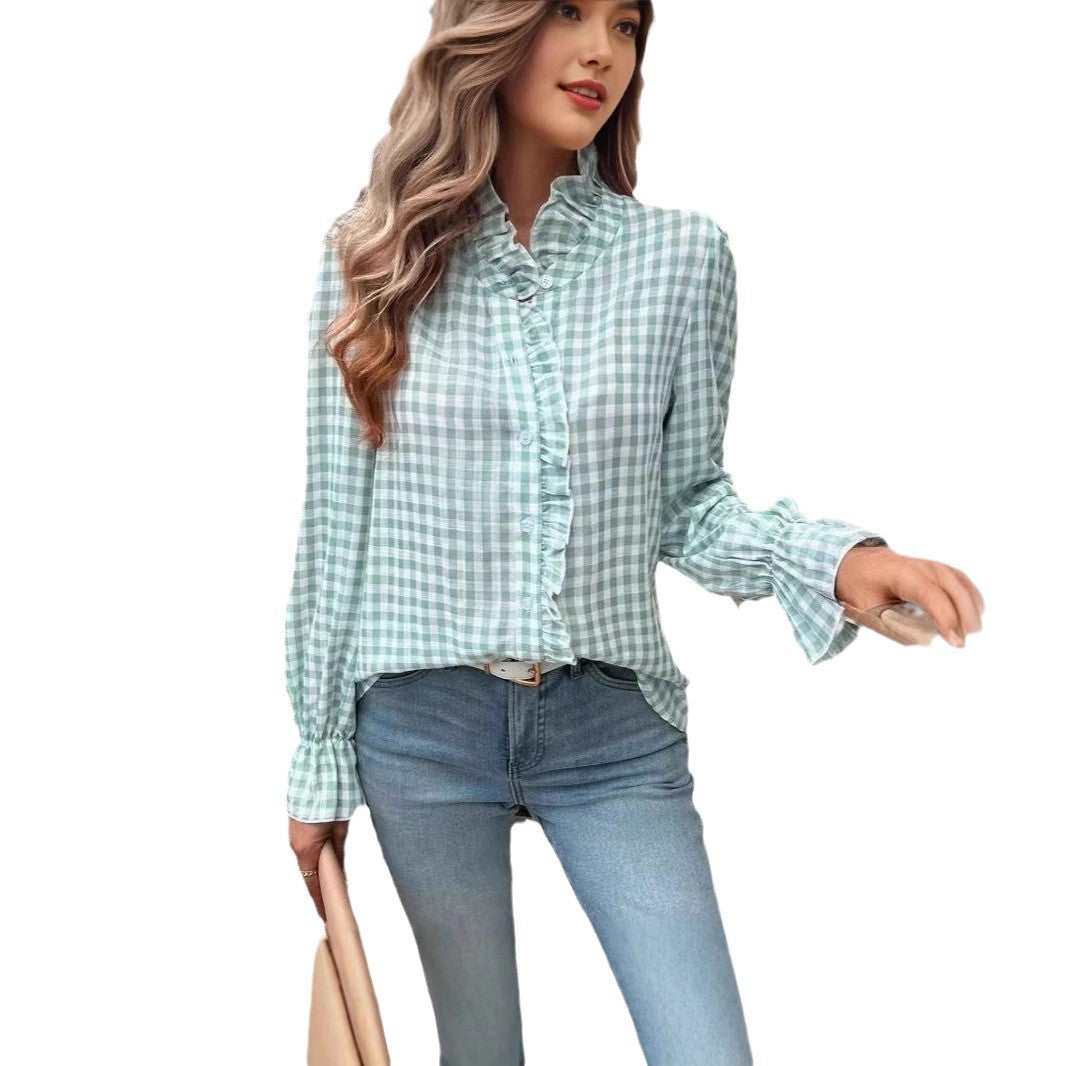Women's French-style Plaid Shirt With Wooden Ears