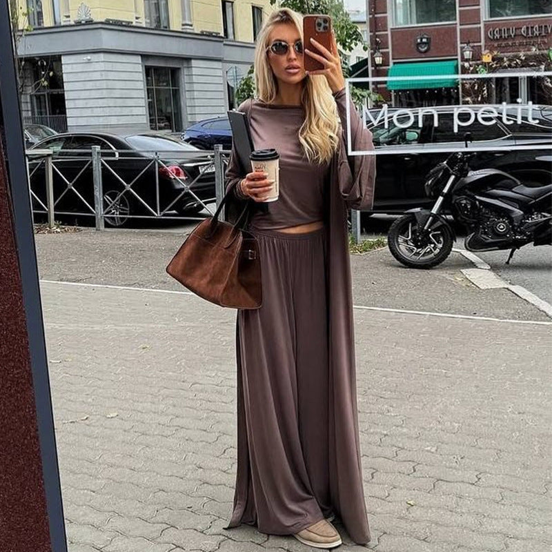 Solid Color Knitted Home Wear Three-piece Women's Clothing