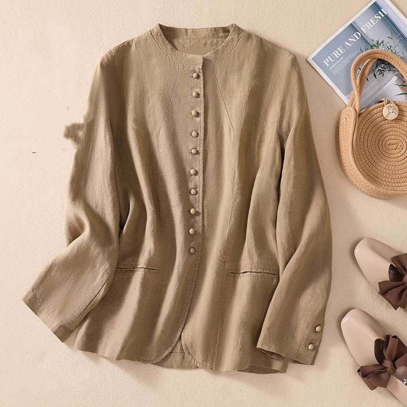 Thin Loose Top Art Chinese Style Stand Collar Linen Suit