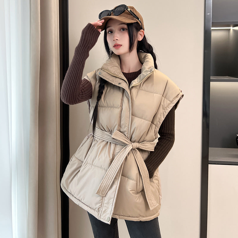 Thickened Cotton Vest For Women, Short Style, Slim Waist, Stand Collar, Lace-up, Warm Coat