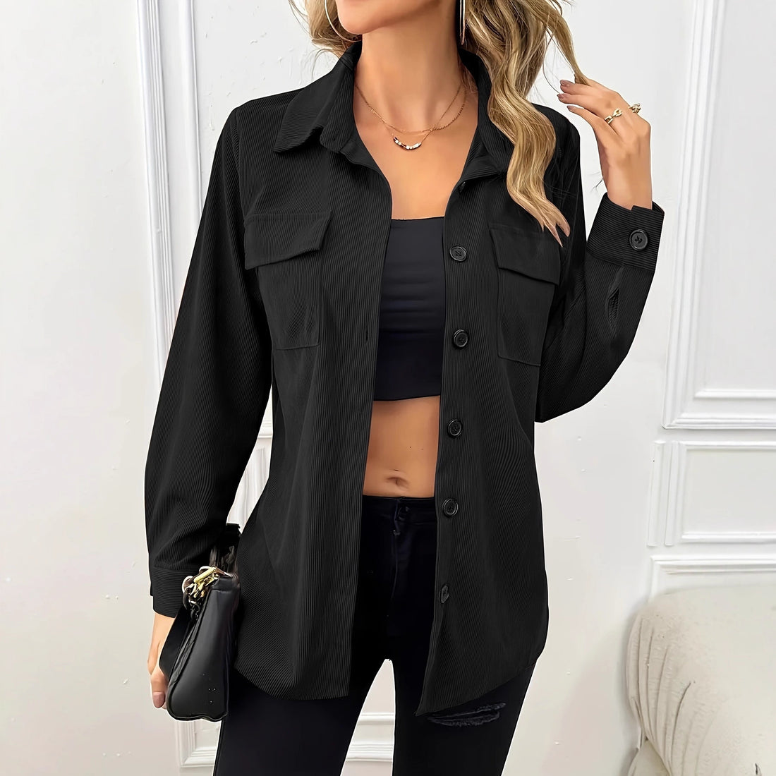 Corduroy Lapel Shirt Vintage Cardigan Pocket Shirt Coat Women