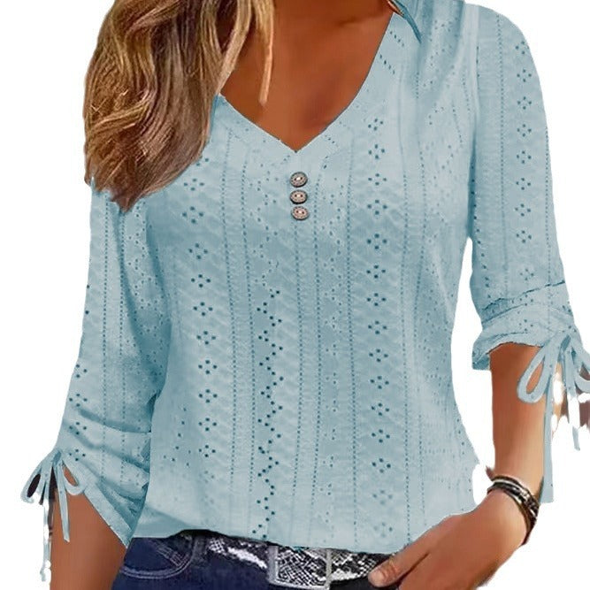 Solid Color Jacquard Button Long-sleeved T-shirt Top