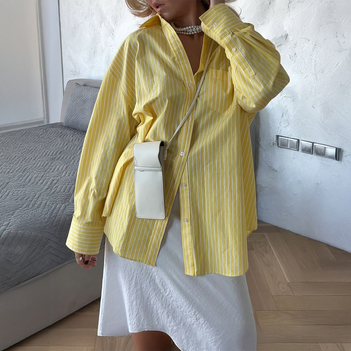 Casual Loose And Simple Style Button Cardigan Striped Contrast Color Top Shirt For Women