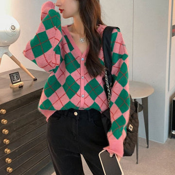 Color Matching Fashionable Knitted Casual Cardigan Easy Matching Coat