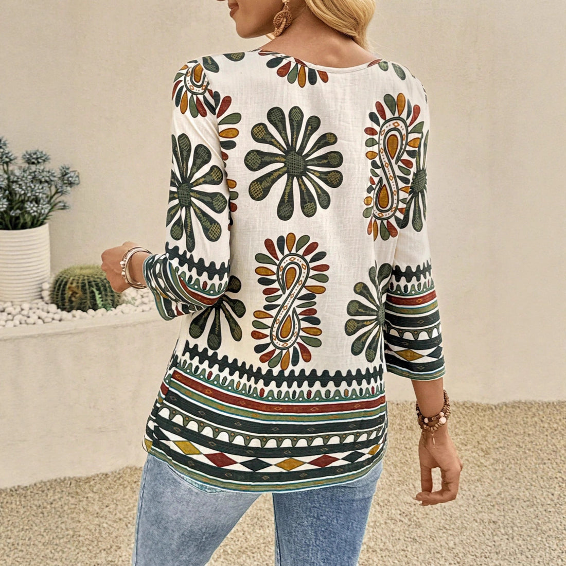 Women's Casual Round Neck Printed Woven Mid-sleeve Top
