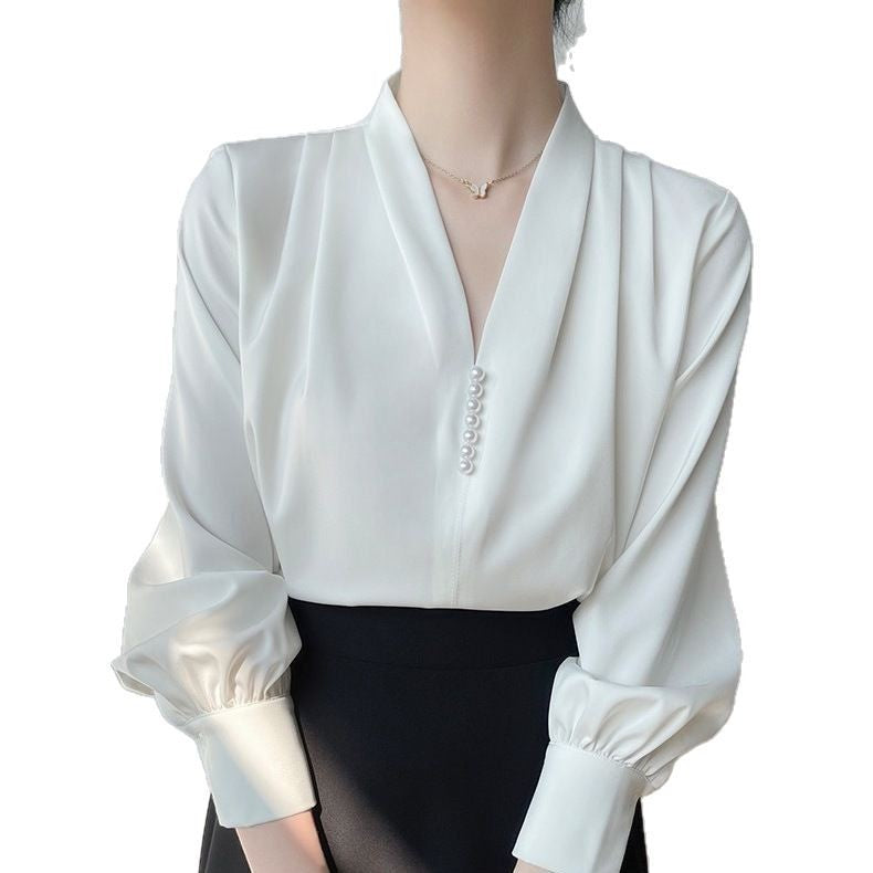 Women's Polyester V-neck Chiffon Long-sleeved Shirt