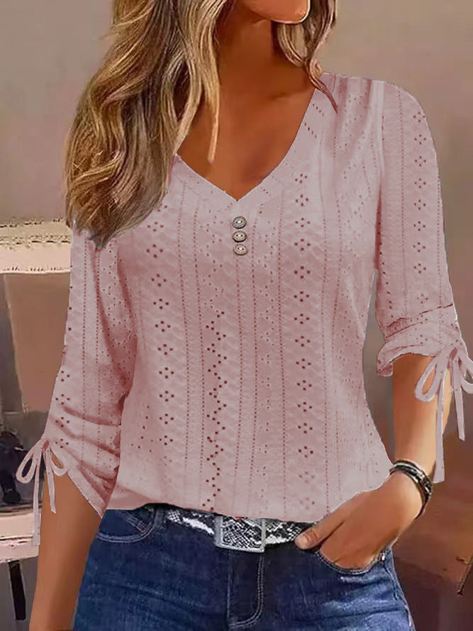 Solid Color Jacquard Button Long-sleeved T-shirt Top