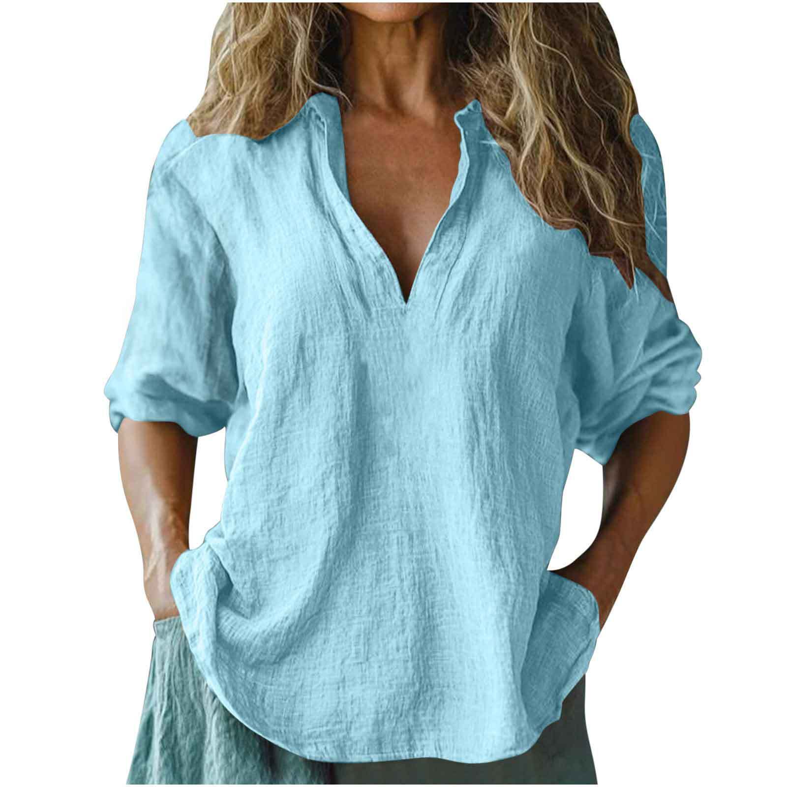 Women's Cotton And Linen V-neck Shirt