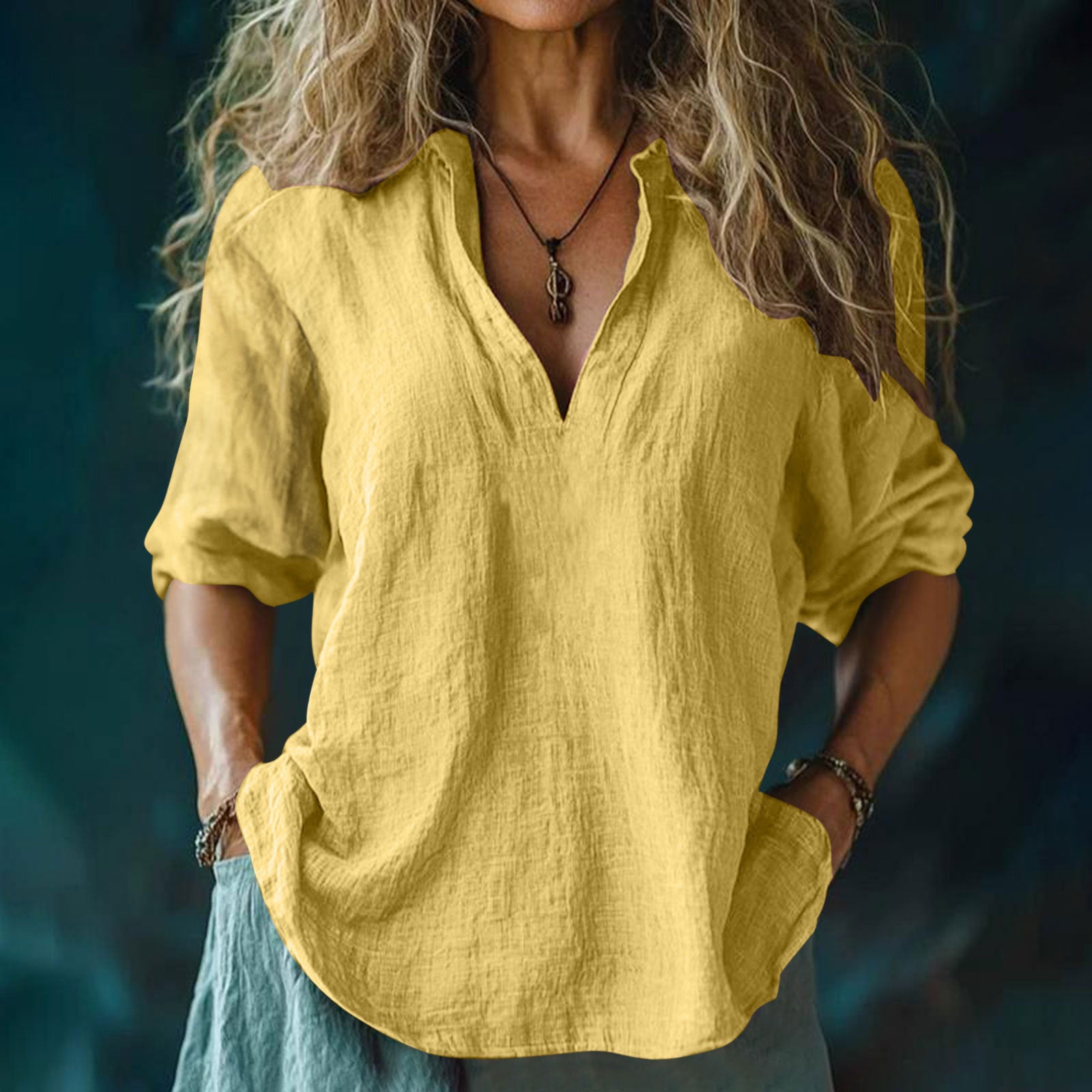 Women's Cotton And Linen V-neck Shirt