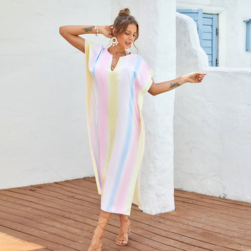 Beach Cover-up Rainbow Color Long Slit V-neck