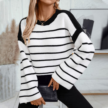 Women's Black And White Striped Pullover Long-sleeved Knitted Sweater