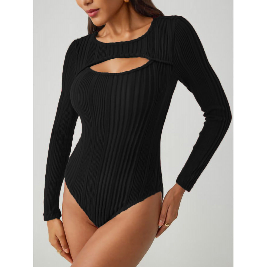 Sunken Stripe Hollow-out Slim-fit One-piece T-shirt Round Neck Long Sleeve Top