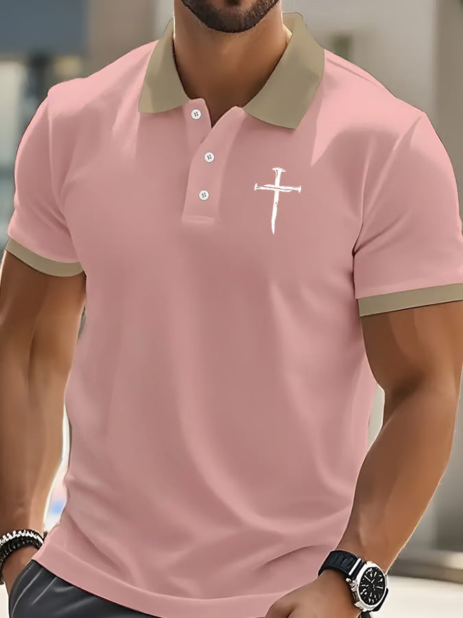 Polyester Printed Solid Color Polo Shirt Short Sleeve Men