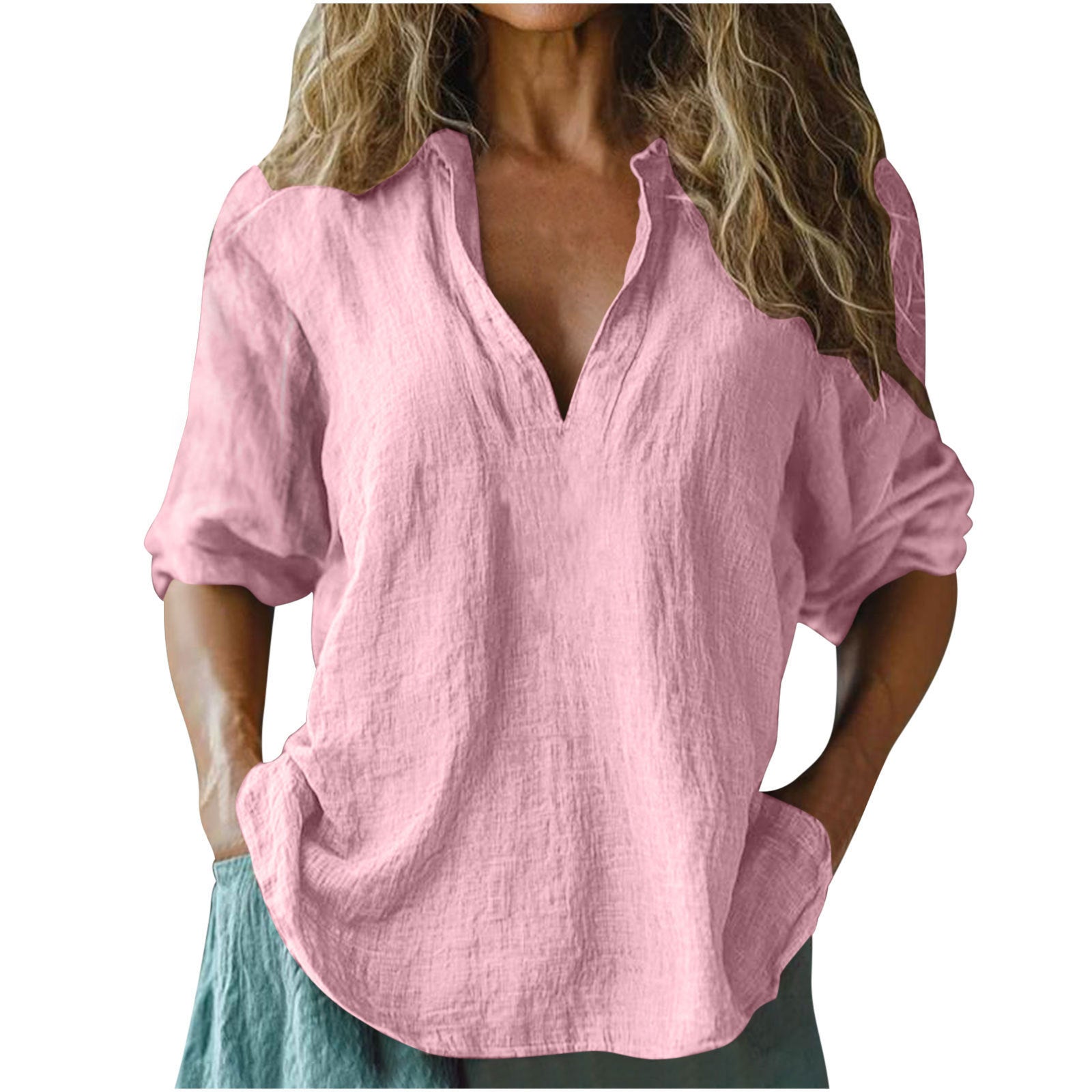 Women's Cotton And Linen V-neck Shirt