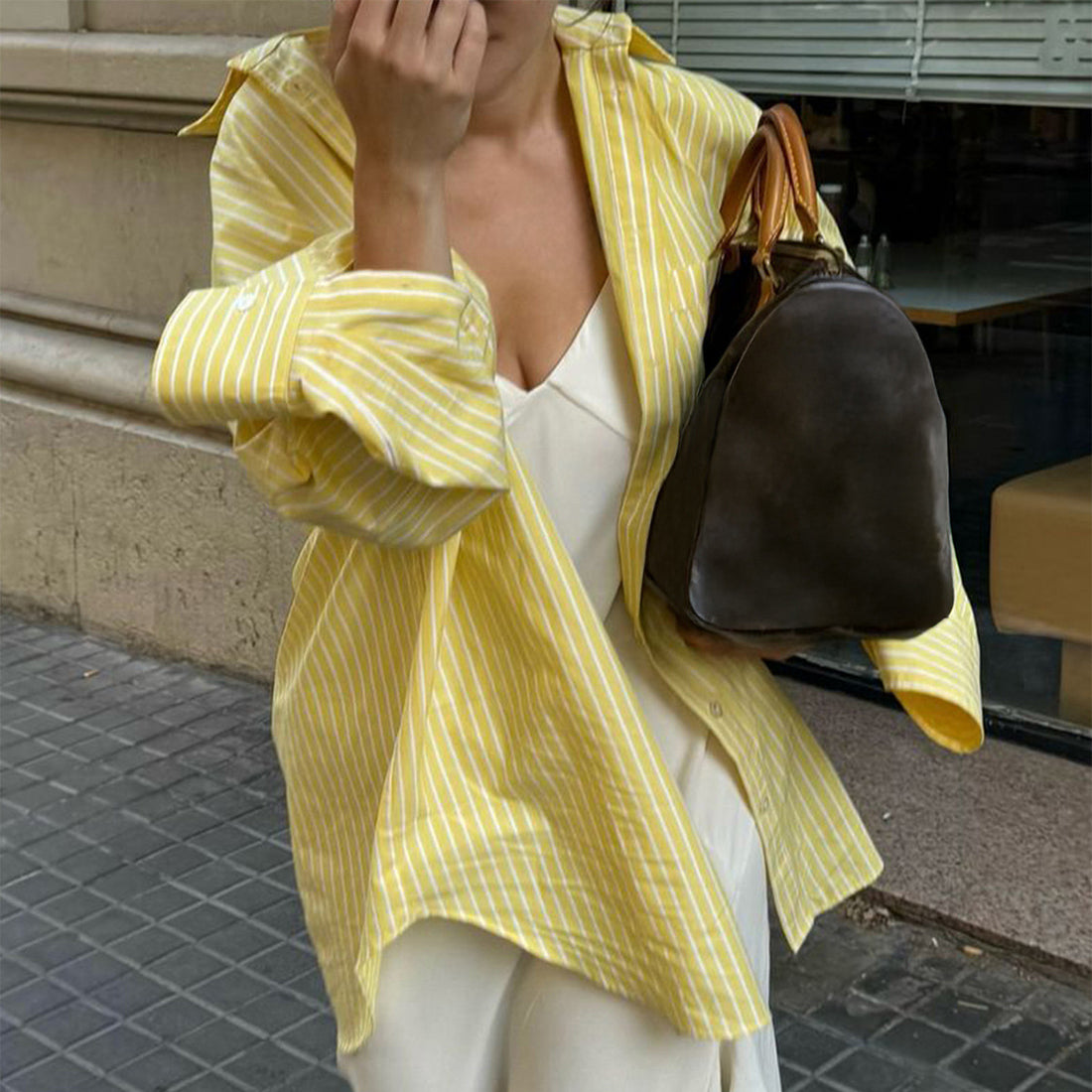 Casual Loose And Simple Style Button Cardigan Striped Contrast Color Top Shirt For Women