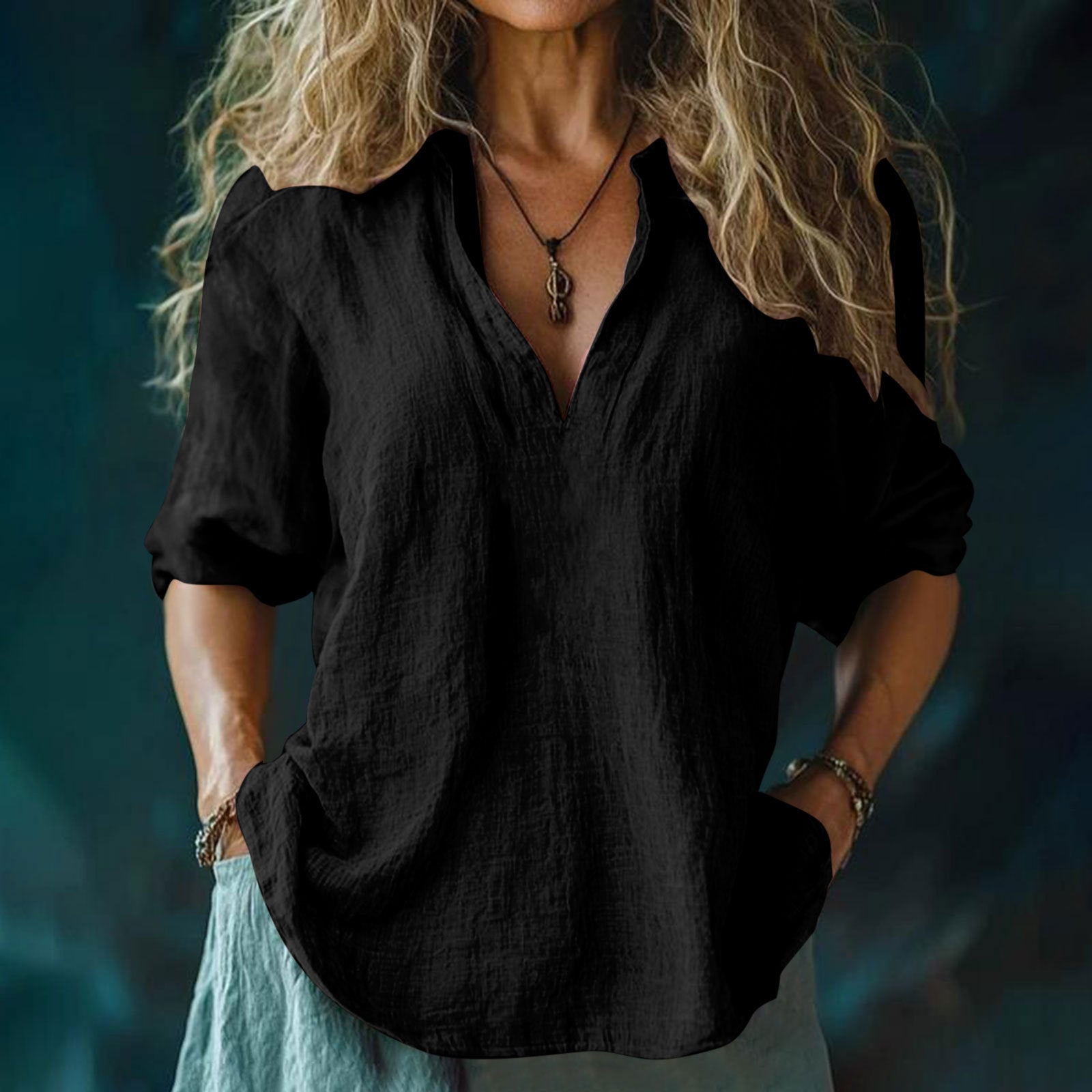 Women's Cotton And Linen V-neck Shirt