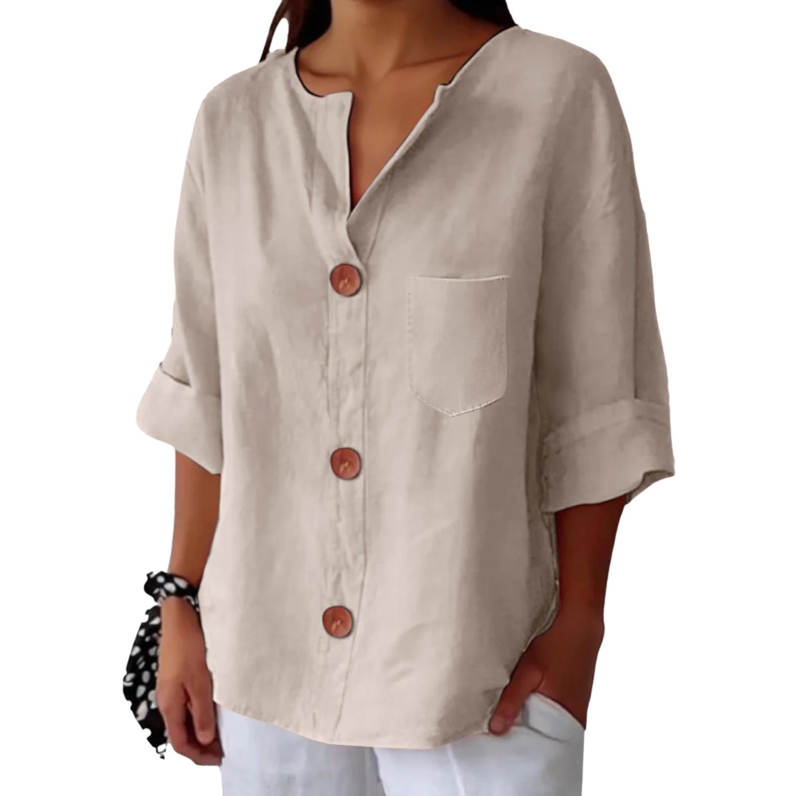 New Style Loose T-shirt For Women With V-neck, Made Of Cotton And Linen, Buttoned Top.