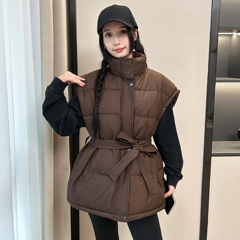 Thickened Cotton Vest For Women, Short Style, Slim Waist, Stand Collar, Lace-up, Warm Coat