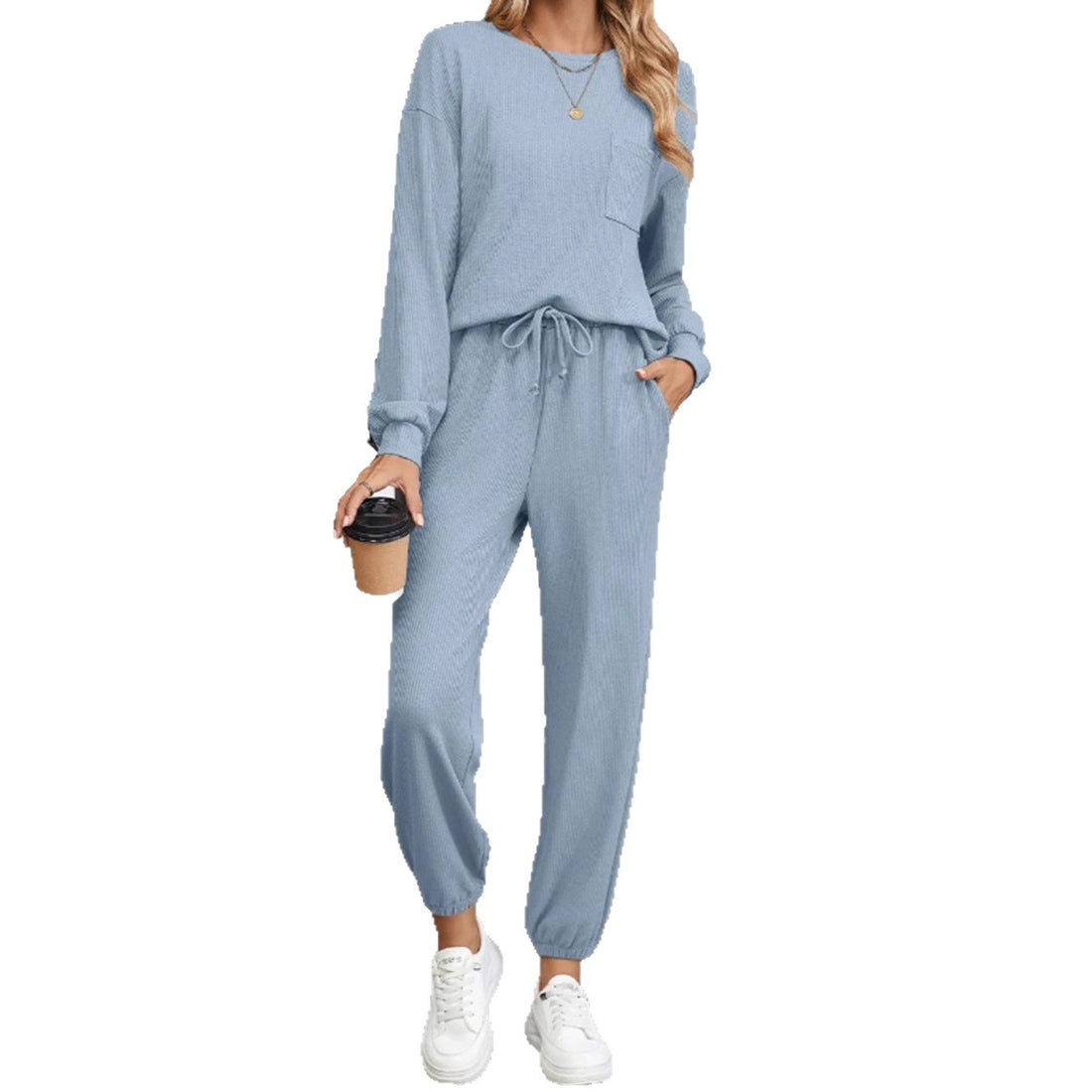 New Solid Color Knitting Belt Pocket Long Sleeve Top And Trousers Two Pieces