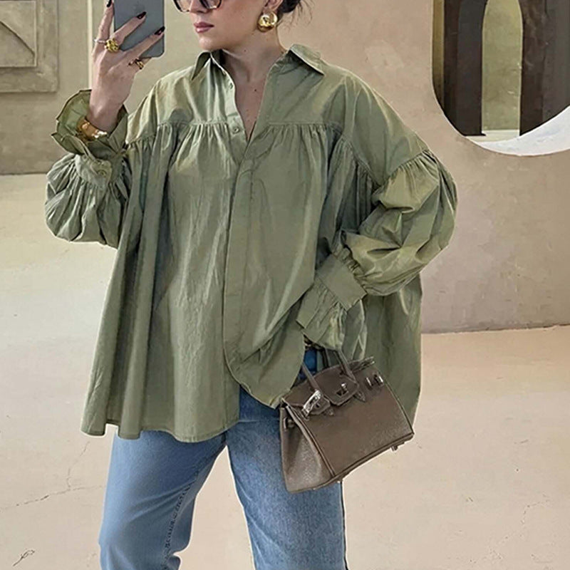 Women's Pleated Lapel Splicing Solid Color Blouse