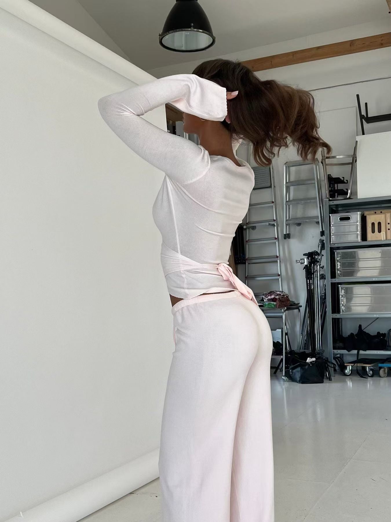 Casual Long-sleeved Knitted Solid Color Commute Trousers Suit