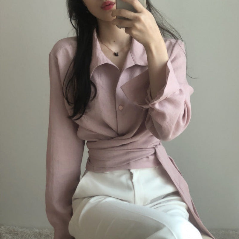 Retro Design Cross Strap Solid Color Lapel Long Sleeve Shirt