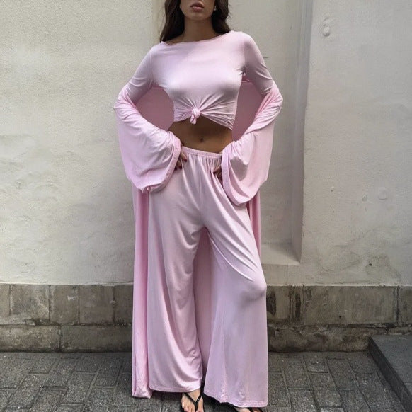 Solid Color Knitted Home Wear Three-piece Women's Clothing