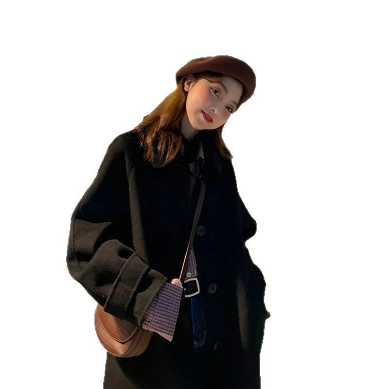 Hepburn Style Autumn And Winter Black Woolen Coat Women