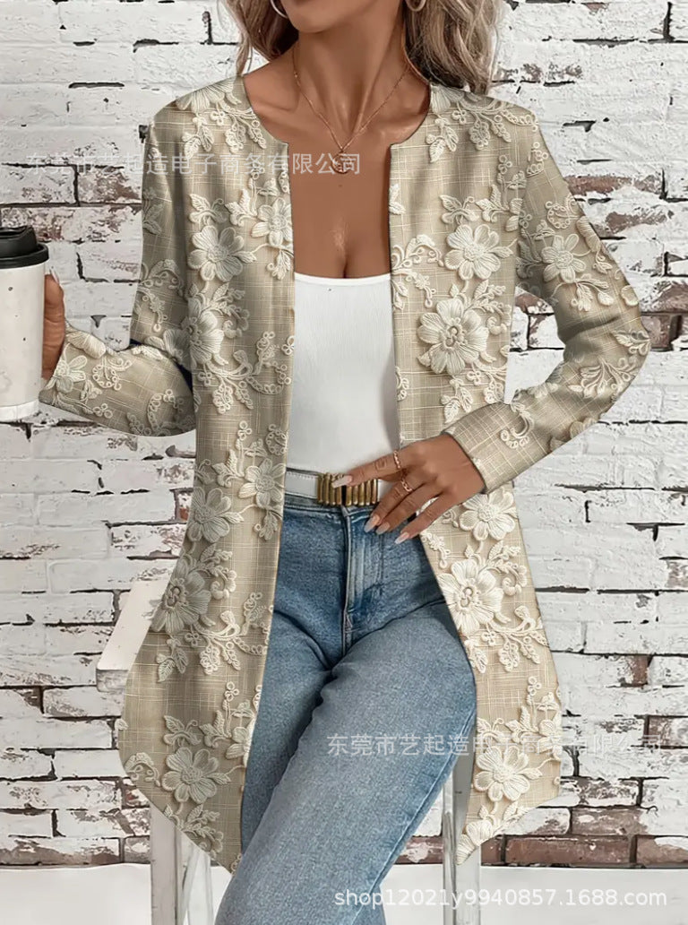 Printed Loose Casual Women's Mid-length Long Sleeve Jacket