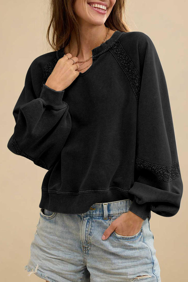Solid Color Half-open Collar Stitching Lace Loose And Stylish Long Sleeves Sweater