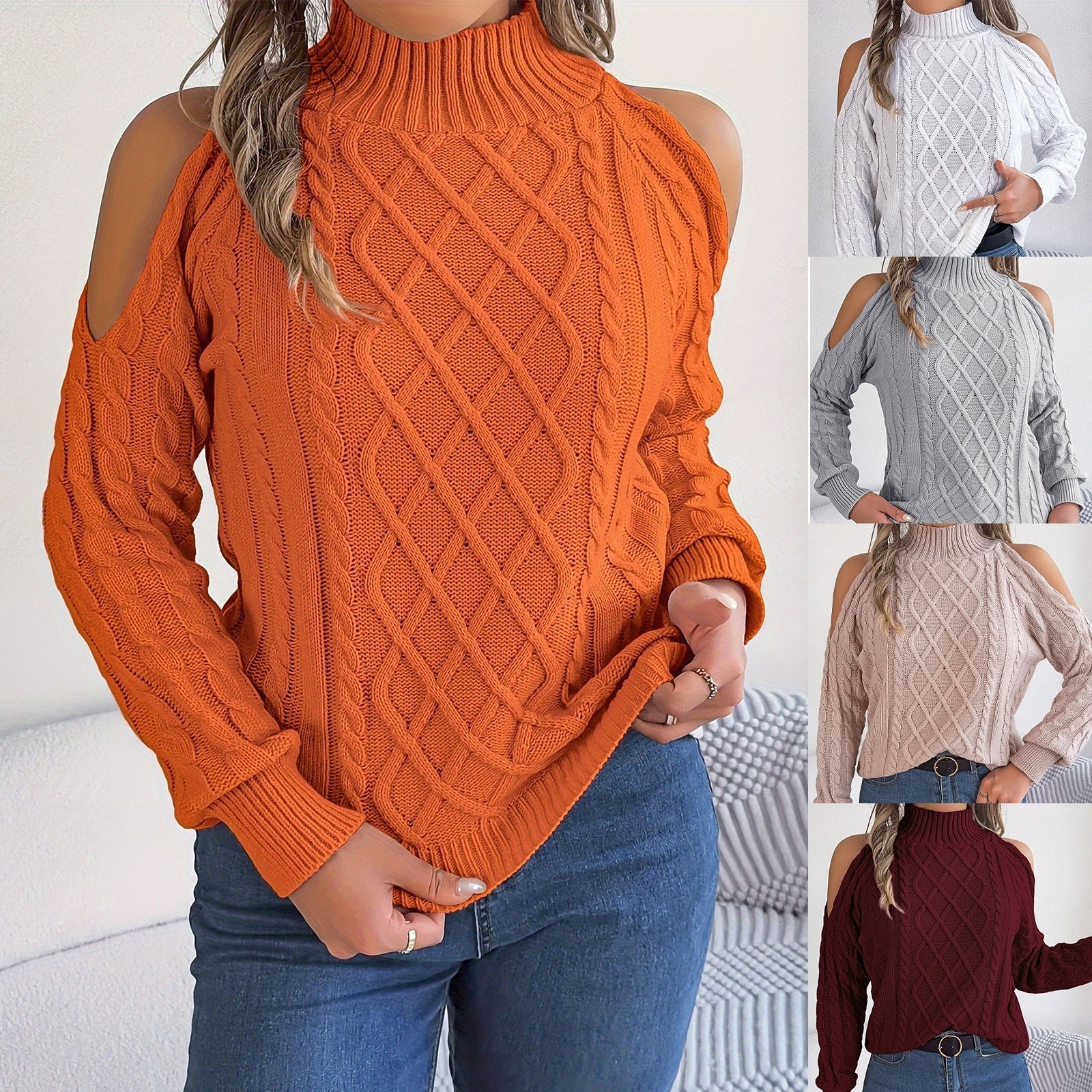 Casual Twist Strapless Half-high Collar Long Sleeves Sweaters Women's Clothing