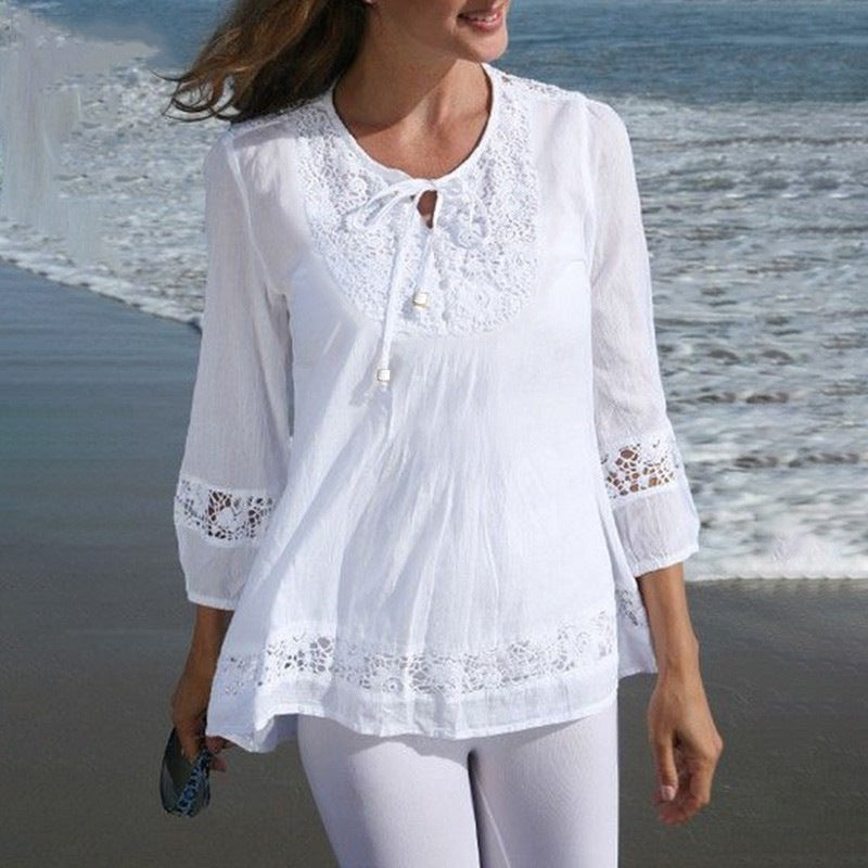 Cotton And Linen Stitching Lace 34 Sleeve Loose Women's Top T-shirt