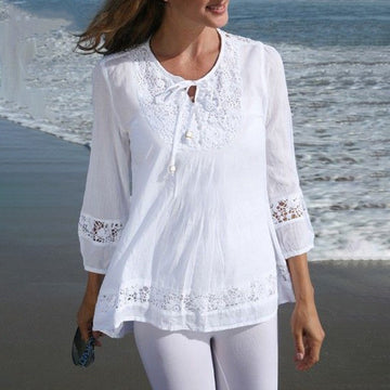 Cotton And Linen Stitching Lace 34 Sleeve Loose Women's Top T-shirt