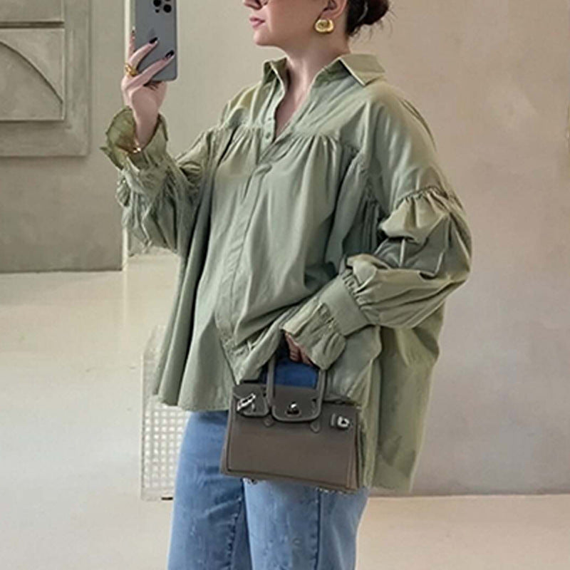 Women's Pleated Lapel Splicing Solid Color Blouse