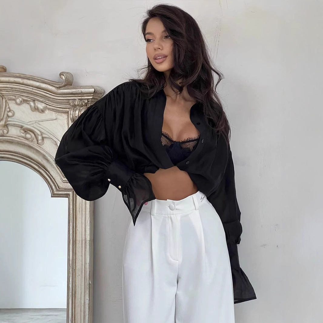 Ins French Lantern Sleeve Shirt Fashion Button Lapel Long Sleeved Tops Casual Women's Clothing