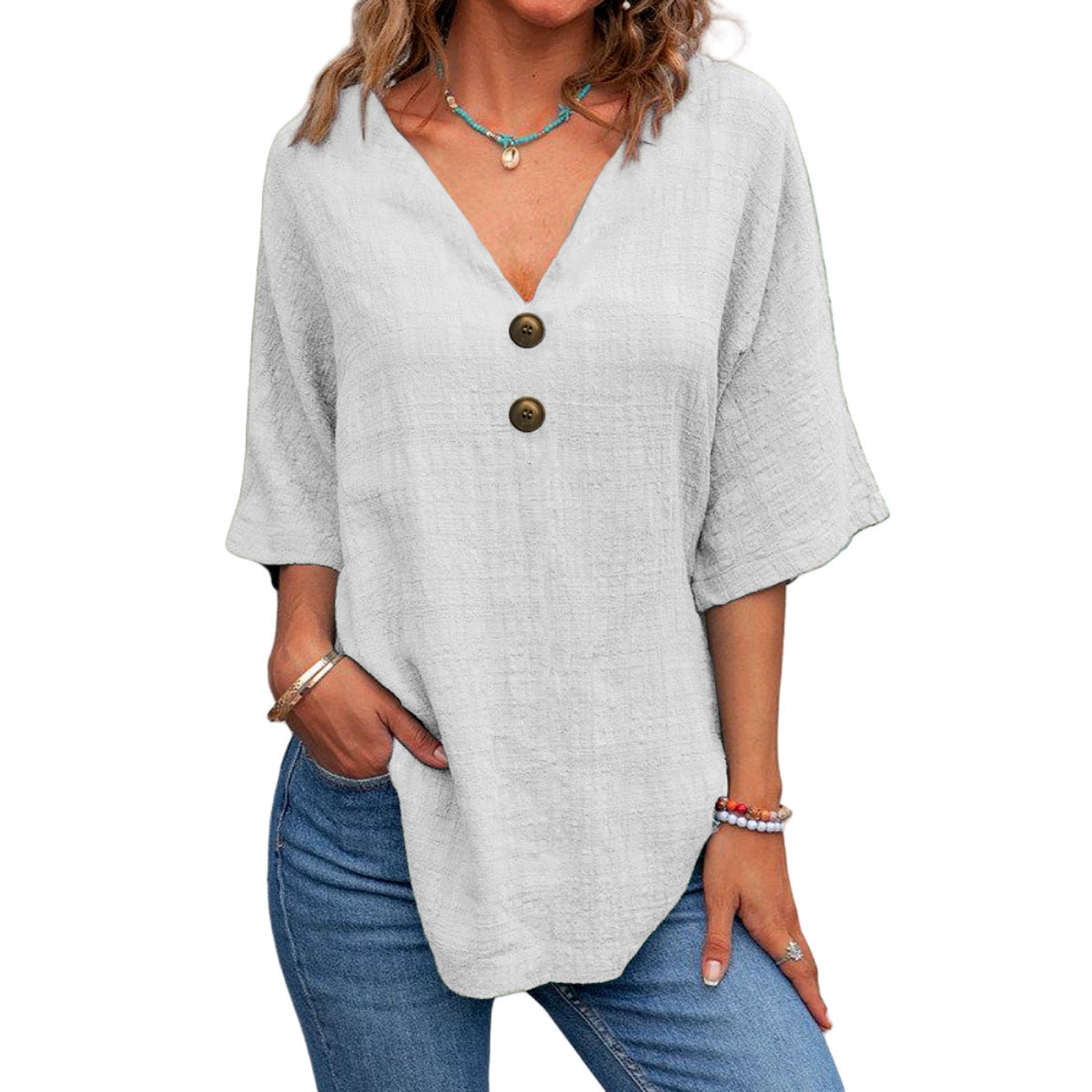 Casual V-neck Short Sleeve Regular Pullover Multi-color Women's Button Top